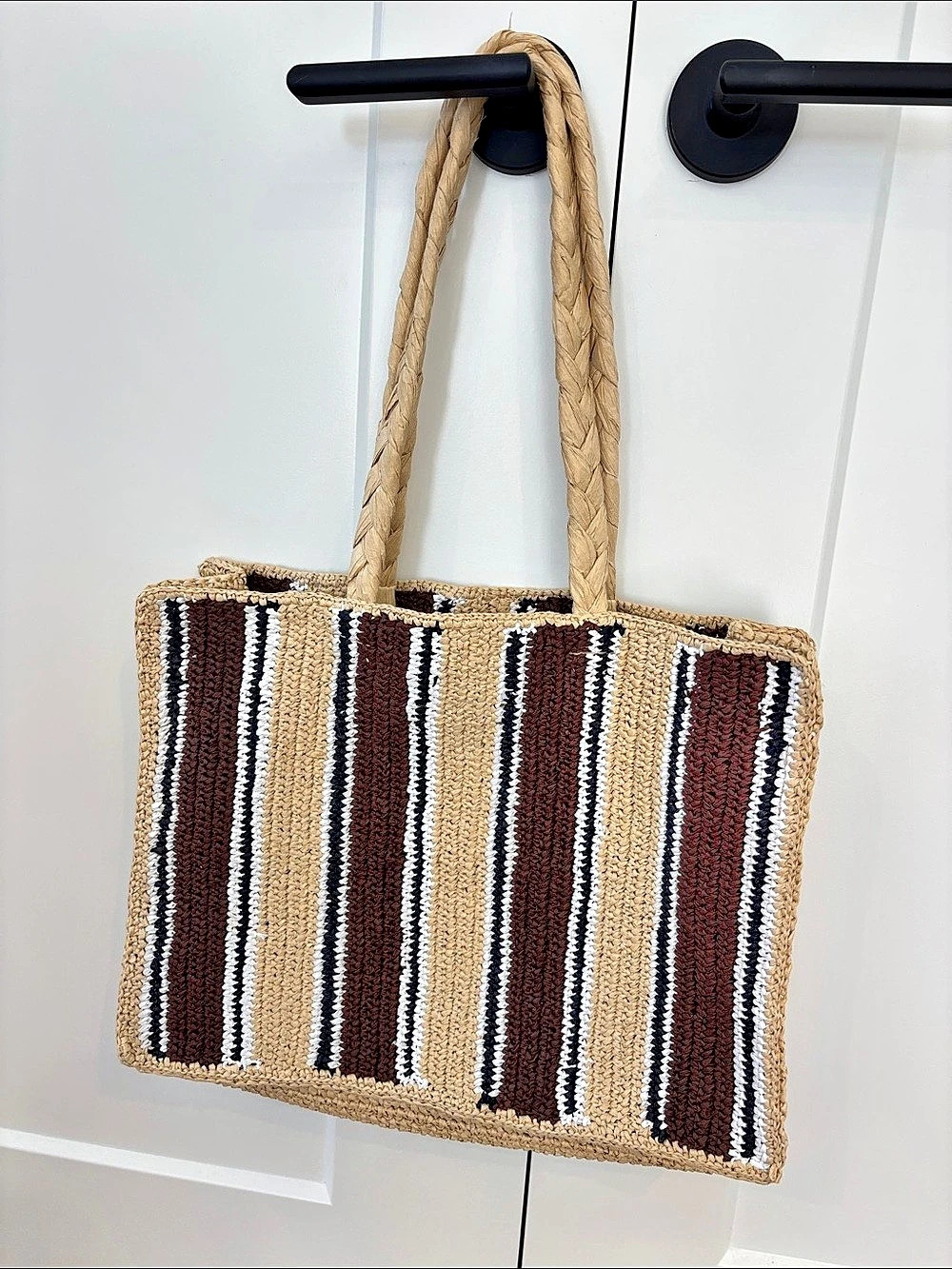 J.Crew Handknotted straw tote bag in stripe Tote Brown & Cream NWT 💼 👜 🏝️ 🌊